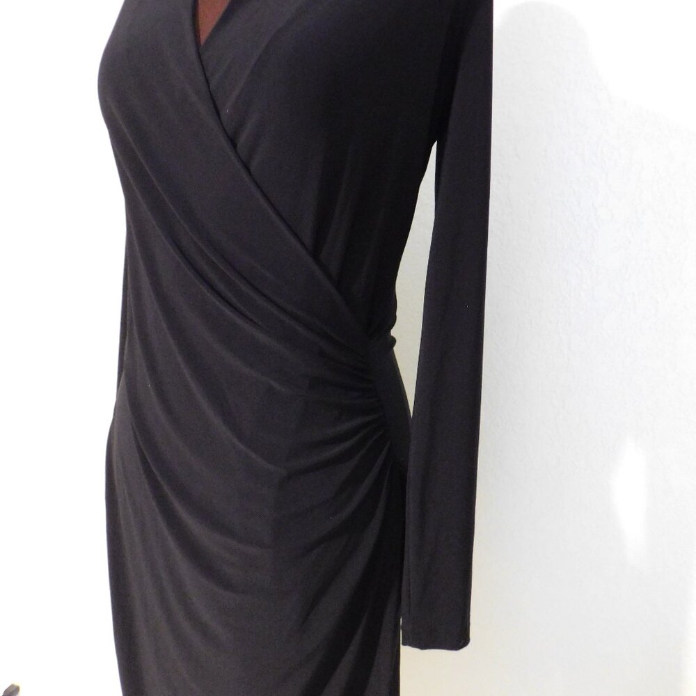 Norma Kamali Dress Long Sleeve Side Draped Ruched Black Stretch Medium